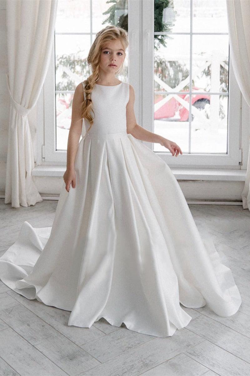 Minimalist Satin Sleeveless Round Neck Flower Girl Dresses 779231096182 - 7 Days / White / 2 - COCOMELODY